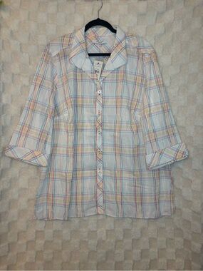 Foxcroft Women’s White Plaid Button-Up Shirt with Pastel Stripes Size 22W